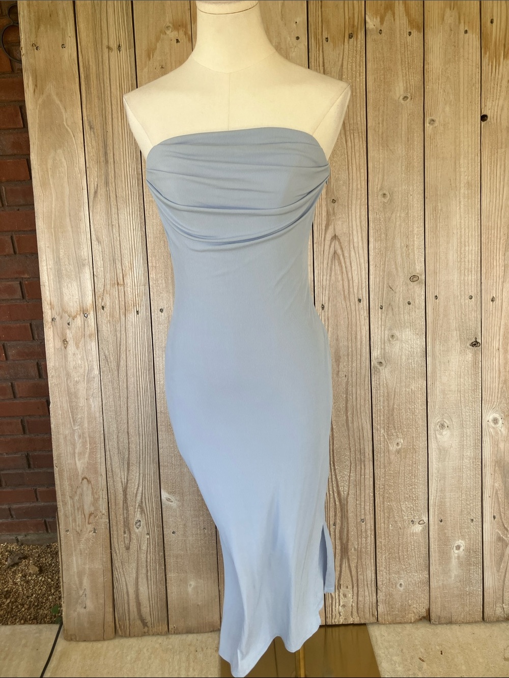 Strapless Midi Bodycon Dress in Light Blue